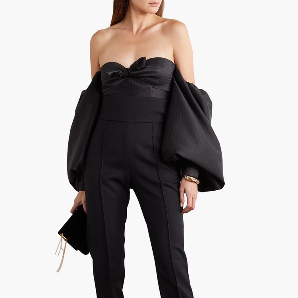 Cropped off-the-shoulder herringbone satin top